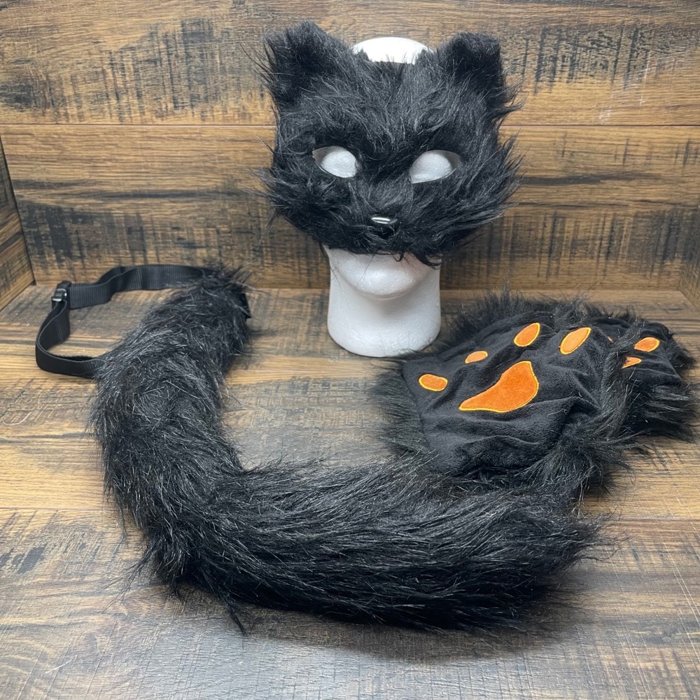 Unbranded Black Faux Fur Cat Costume Set Mask Paw Gloves Tail Unisex OSFM
